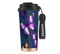 GaxfjRu Bella farfalla viola 590 ml con coperchio, tazza da caffè in acciaio inox isolata sottovuoto, bicchiere per bevande calde e fredde