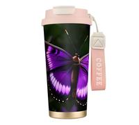 GaxfjRu Bella farfalla viola 590 ml con coperchio, tazza da caffè in acciaio inox isolata sottovuoto, bicchiere per bevande calde e fredde