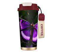 GaxfjRu Bella farfalla viola 590 ml con coperchio, tazza da caffè in acciaio inox isolata sottovuoto, bicchiere per bevande calde e fredde