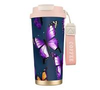 GaxfjRu Bella farfalla viola 590 ml con coperchio, tazza da caffè in acciaio inox isolata sottovuoto, bicchiere per bevande calde e fredde