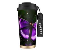 GaxfjRu Bella farfalla viola 590 ml con coperchio, tazza da caffè in acciaio inox isolata sottovuoto, bicchiere per bevande calde e fredde