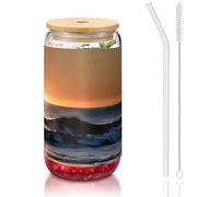 GaxfjRu Bicchieri di vetro con coperchio e cannuccia in vetro, motivo "Last Sunrays of Over The Sea Waves", per frullati, tè, cola, soda