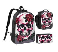GaxfjRu Borsa leggera per libri con stampa di teschio rosa, 3 pezzi, zaino per la scuola con scatola per il pranzo e astuccio per matite