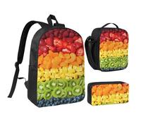 GaxfjRu Borsa per libri leggera con stampa arcobaleno di frutta, 3 pezzi, zaino per la scuola con portapranzo e astuccio per matite