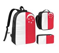 GaxfjRu Borsa per libri leggera con stampa di bandiera di Singapore, 3 pezzi, zaino per la scuola con portapranzo e astuccio per matite