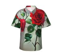 GaxfjRu Camicia hawaiana con immagine di rosa rossa, per uomo e donna, a maniche corte estive hawaiane, casual, vestibilità comoda, abbottonatura, Nero , L