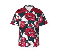GaxfjRu Camicie hawaiane con immagine floreale con fiori di rosa per uomo donna estate hawaiana manica corta casual vestibilità rilassata abbottonatura, Nero , L