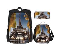 GaxfjRu Cityscape Parigi Torre Eiffel Francia 3PCS Set Zaino Per Stitch Lunch Box con Lunch Box e Astuccio - Perfetto per Scuola, Zaino Uomo