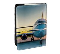 GaxfjRu Custodia per passaporto in pelle con stampa di aerei al tramonto, impermeabile, da viaggio, per donne e uomini, Nero , Taglia unica