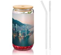 GaxfjRu Hong Kong - Coperchi in vetro da 473 ml e cannuccia in vetro, per frullati, tè, cola, soda