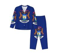 GaxfjRu Michigan State Flag Pigiama Set Manica Lunga Pigiama Donna Button Down Nightwear Morbido Pj Loungewear con Tasche, Nero , M