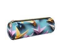 GaxfjRu Origami Paper Cranes - Astuccio rotondo in ecopelle per penne, matite, pennarelli, piccoli oggetti con cerniera in metallo e pelle, Oro, Taglia unica, Porta carte