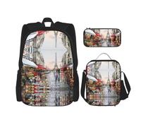 GaxfjRu Pittura a olio Parigi scena di strada Torre Eiffel stampa 3 pezzi, zaino per la scuola set con borsa per il pranzo e astuccio, grande capacità 43,2 cm bookpack 3 in 1 set