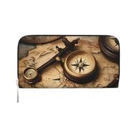 GaxfjRu Portafoglio lungo da uomo in pelle con stampa di bussola e vecchia mappa del mondo, stile vintage, portafoglio per assegni, porta carte di credito da donna