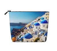 GaxfjRu Santorini - Beauty case da viaggio con stampa con isola greca e vista sul mare, borsa da toilette akeUp, con cerniera, organizer per trucchi da donna, nero, taglia unica, Nero , Taglia unica