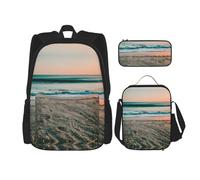 GaxfjRu Set di 3 zaini a tema tramonto sulla spiaggia per il pranzo con scatola per il pranzo e astuccio - perfetto per la scuola, zaino da uomo