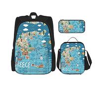 GaxfjRu Set di 3 zaini con mappa della Grecia per il pranzo con scatola per il pranzo e astuccio - perfetto per la scuola, zaino da uomo