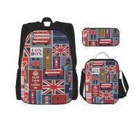 GaxfjRu Set di 3 zaini con simboli dell'Inghilterra per il pranzo al sacco con portapranzo e astuccio, perfetto per la scuola, zaino da uomo