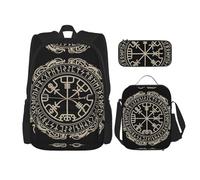 GaxfjRu Set di 3 zaini con stampa di bussola, design magico con rune norrene, zaino per la scuola con astuccio portapranzo, grande capacità, 43,2 cm, 3 in 1