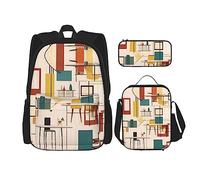 GaxfjRu Set di 3 zaini con stampa moderna di metà secolo, zaino per la scuola con borsa per il pranzo e astuccio, grande capacità da 43,2 cm, 3 in 1 set