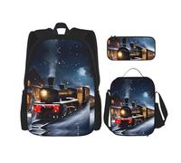 GaxfjRu Set di 3 zaini invernali con treno e treno notturno di neve per il pranzo con scatola per il pranzo e astuccio - perfetto per scuola, zaino da uomo