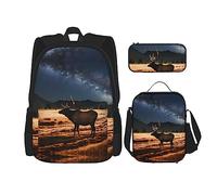 GaxfjRu Set di 3 zaini per la scuola con stampa di alce nel prato, con astuccio portapranzo, grande capacità, 3 in 1