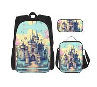 GaxfjRu Set di 3 zaini per la scuola con stampa di castello delle fiabe, con astuccio portapranzo, grande capacità, 43,2 cm, 3 in 1