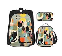 GaxfjRu Set di 3 zaini per la scuola con stampa di gatti di arte moderna Mid-Century, con borsa per il pranzo e astuccio, grande capacità da 43,2 cm, 3 in 1 set