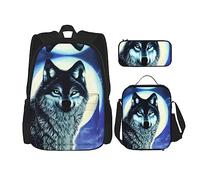 GaxfjRu Set di 3 zaini per la scuola con stampa di lupo sotto la luna, con borsa per il pranzo e astuccio, grande capacità da 43 cm, 3 in 1