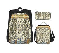 GaxfjRu Set di 3 zaini per la scuola con stampa di mappa del tesoro labirinto, borsa per il pranzo e astuccio, grande capacità da 43 cm, 3 in 1
