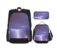 GaxfjRu Set di 3 zaini per la scuola con stampa di tempesta di fulmini, con borsa per il pranzo, astuccio per matite, grande capacità da 43 cm, 3 in 1
