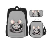 GaxfjRu Set di 3 zaini per la scuola con stampa di topi grigi, con astuccio portapranzo, grande capacità, 43,2 cm, 3 in 1