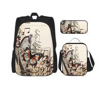 GaxfjRu Sfondo musicale con stampa di arpa e farfalla, 3 pezzi, zaino per la scuola set con borsa per il pranzo e astuccio, grande capacità 43,2 cm, 3 in 1 set