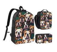 GaxfjRu Simpatica borsa per libri leggera con stampa di bulldog inglese, 3 pezzi, zaino per la scuola con portapranzo e astuccio per matite