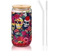 GaxfjRu Sugar and Skulls and Flowers - Coperchi in vetro da 473 ml, con cannuccia in vetro, per frullati, tè, cola e soda