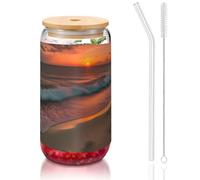 GaxfjRu Sunset at The Beach - Coperchi per tazze di vetro e cannuccia in vetro, 473,6 ml, tazze di vetro più larghe per frullati, tè, cola, soda