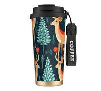 GaxfjRu Tazza da caffè in acciaio inox isolata sottovuoto, con alce e albero di Natale, 590 ml, per bevande calde e fredde