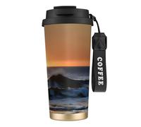 GaxfjRu Tazza da caffè isolata con doppio coperchio con stampa a onde del mare con scritta "Last Sun Rays of Over The Sea Waves" da 500 ml, in acciaio inox 316, con cannuccia