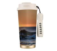 GaxfjRu Tazza da caffè isolata con doppio coperchio con stampa a onde del mare con scritta "Last Sun Rays of Over The Sea Waves" da 500 ml, in acciaio inox 316, con cannuccia