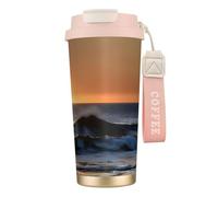 GaxfjRu Tazza da caffè isolata con doppio coperchio con stampa a onde del mare con scritta "Last Sun Rays of Over The Sea Waves" da 500 ml, in acciaio inox 316, con cannuccia