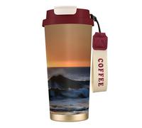 GaxfjRu Tazza da caffè isolata con doppio coperchio con stampa a onde del mare con scritta "Last Sun Rays of Over The Sea Waves" da 500 ml, in acciaio inox 316, con cannuccia