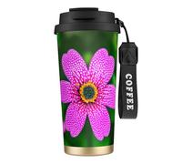 GaxfjRu Tazza da caffè isolata con doppio coperchio con stampa a pois rosa, 500 ml, in acciaio inox 316, con strato interno in acciaio inox 316, con cannuccia