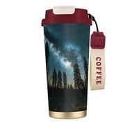 GaxfjRu Tazza da caffè isolata con doppio coperchio con stampa cielo notturno con alberi, 500 ml, in acciaio inox 316, con strato interno in acciaio inox 316, con cannuccia