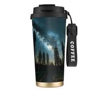 GaxfjRu Tazza da caffè isolata con doppio coperchio con stampa cielo notturno con alberi, 500 ml, in acciaio inox 316, con strato interno in acciaio inox 316, con cannuccia
