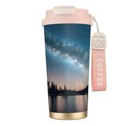 GaxfjRu Tazza da caffè isolata con doppio coperchio con stampa cielo notturno e alberi, 500 ml, in acciaio inox 316, con strato interno in acciaio inox 316, con cannuccia