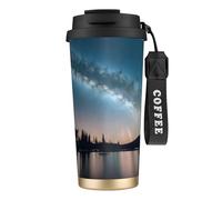 GaxfjRu Tazza da caffè isolata con doppio coperchio con stampa cielo notturno e alberi, 500 ml, in acciaio inox 316, con strato interno in acciaio inox 316, con cannuccia