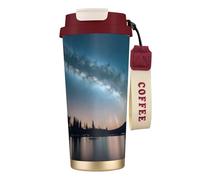 GaxfjRu Tazza da caffè isolata con doppio coperchio con stampa cielo notturno e alberi, 500 ml, in acciaio inox 316, con strato interno in acciaio inox 316, con cannuccia