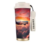 GaxfjRu Tazza da caffè isolata con doppio coperchio con stampa cielo tramonti aeroplano, 500 ml, in acciaio inox 316, con strato interno in acciaio inox 316, con cannuccia