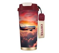 GaxfjRu Tazza da caffè isolata con doppio coperchio con stampa cielo tramonti aeroplano, 500 ml, in acciaio inox 316, con strato interno in acciaio inox 316, con cannuccia