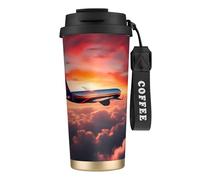 GaxfjRu Tazza da caffè isolata con doppio coperchio con stampa cielo tramonti aeroplano, 500 ml, in acciaio inox 316, con strato interno in acciaio inox 316, con cannuccia